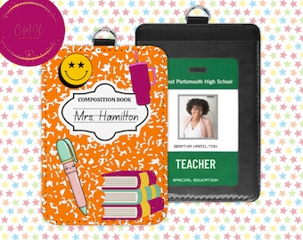 May include: An orange composition book-themed badge holder with a smiley face, pen, and books. The badge holder has a black lanyard and holds a school ID with the name "Bertha Hamilton" and the title "Teacher".