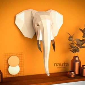 Elefant Kopf aus Papier / Low Poly / 3D Papiermodell / Tiertrophäe / Papierskulptur / DIY Geschenk Wohndeko Origami Tier PDF Kindermodell