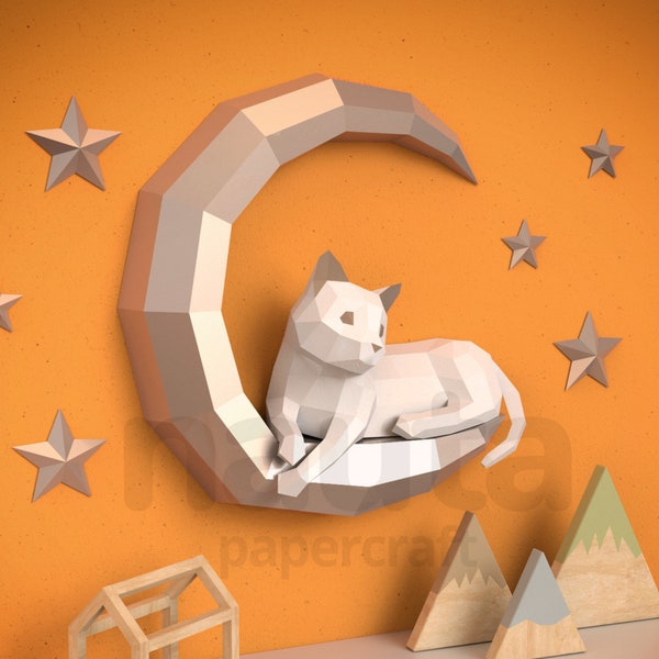 Katze auf Mond Papercraft / Kätzchen Low Poly / 3D Papercraft Tiertrophäe Papierskulptur DIY Geschenk Home decor Origami Tier PDF Kid Craft
