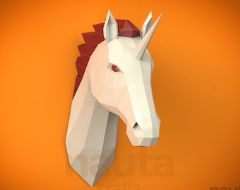 Unicorn Papercraft Head, 3D Low Poly Animal Trophy (PDF Template)