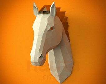 Horse Papercraft Head / Low Poly / 3D papercraft / Animal Trophy / Paper Sculpture / DIY gift Home decor Origami animal PDF Kid craft