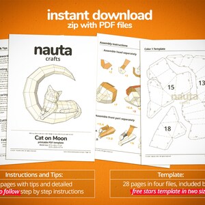 May include: A set of printable PDF templates for paper crafts. The image displays instructions and templates for a cat on the moon design, including assembly instructions and colour templates. The text reads "instant download zip with PDF files."