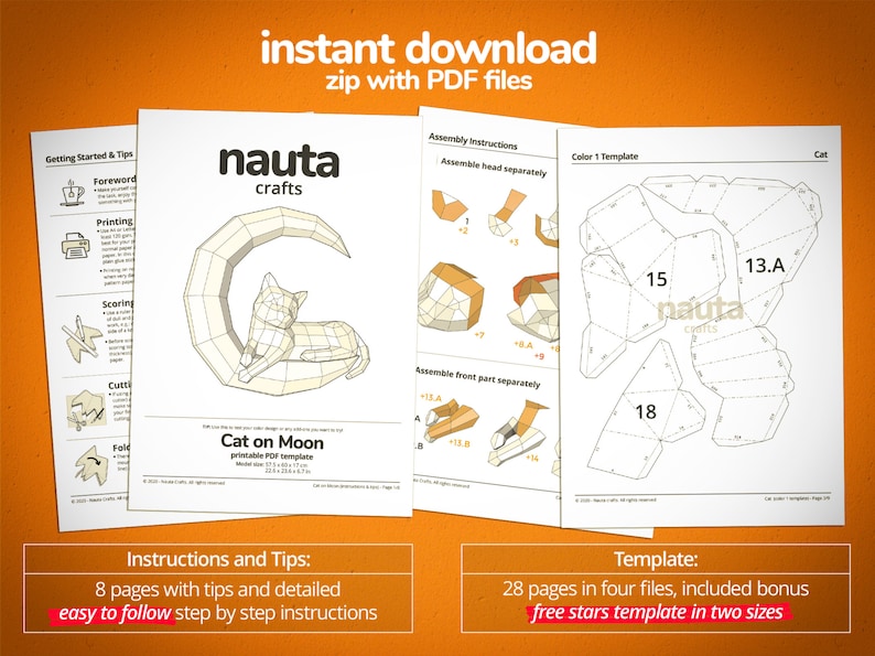 May include: A set of printable PDF templates for paper crafts. The image displays instructions and templates for a cat on the moon design, including assembly instructions and colour templates. The text reads "instant download zip with PDF files."