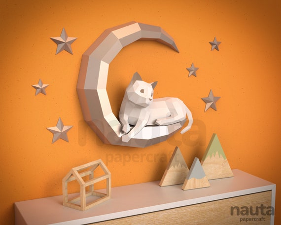 Cat on Moon Papercraft Trophy, 3D Paper Sculpture (PDF)