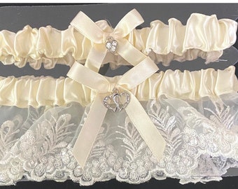 White Satin  with White lace  bridal garter with sparkling heart design 