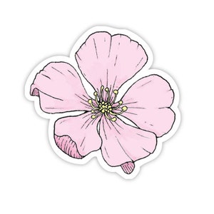 May include: A sticker featuring a pink flower with five petals and yellow stamens. The flower is outlined in black and has a white border. The design is a watercolor style illustration.