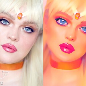 Op de afbeelding: Een voor- en na-afbeelding van een vrouw met blond haar en een kroon. De voor-afbeelding toont de vrouw met natuurlijke make-up. De na-afbeelding toont de vrouw met cartoon-stijl make-up. De tekst "Na" is zichtbaar in de rechterbenedenhoek van de afbeelding.