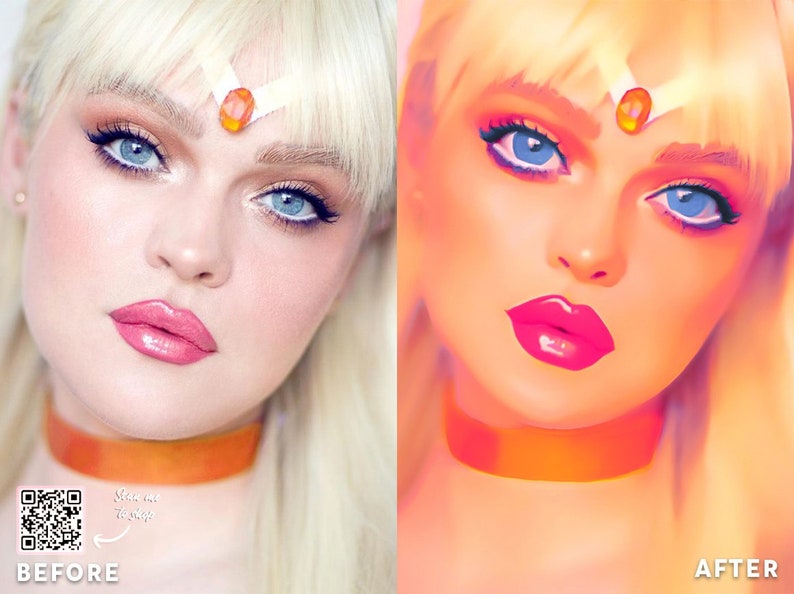 Op de afbeelding: Een voor- en na-afbeelding van een vrouw met blond haar en een kroon. De voor-afbeelding toont de vrouw met natuurlijke make-up. De na-afbeelding toont de vrouw met cartoon-stijl make-up. De tekst "Na" is zichtbaar in de rechterbenedenhoek van de afbeelding.