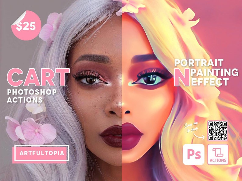 Op de afbeelding: Een gesplitst beeld dat aan de linkerkant het gezicht van een vrouw laat zien en aan de rechterkant een verf-effect van hetzelfde gezicht. De tekst "CART PHOTOSHOP ACTIONS" staat aan de linkerkant van het beeld. De tekst "PORTRAIT PAINTING EFFECT" staat aan de rechterkant van het beeld. De tekst "&euro; 25" staat in een roze cirkel linksboven in het beeld.
