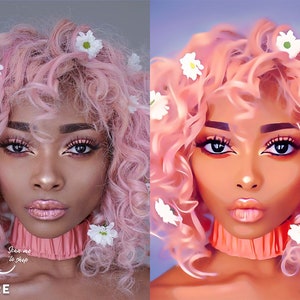 Op de afbeelding: Een voor-en-na-beeld dat een vrouw met roze krullend haar en witte bloemen in haar haar laat zien. De afbeelding links is een foto en de afbeelding rechts is een digitale illustratie. De tekst "Scan me to shop" staat op de linker afbeelding.