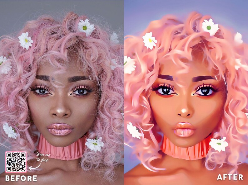 Op de afbeelding: Een voor-en-na-beeld dat een vrouw met roze krullend haar en witte bloemen in haar haar laat zien. De afbeelding links is een foto en de afbeelding rechts is een digitale illustratie. De tekst "Scan me to shop" staat op de linker afbeelding.