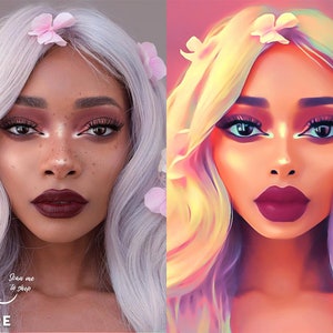 Op de afbeelding: Voor- en na-beeld van een persoon met lichtpaars haar met roze bloemen in haar haar. De persoon heeft een donkere huid en draagt make-up. De voor-afbeelding is een foto en de na-afbeelding is een digitale illustratie.
