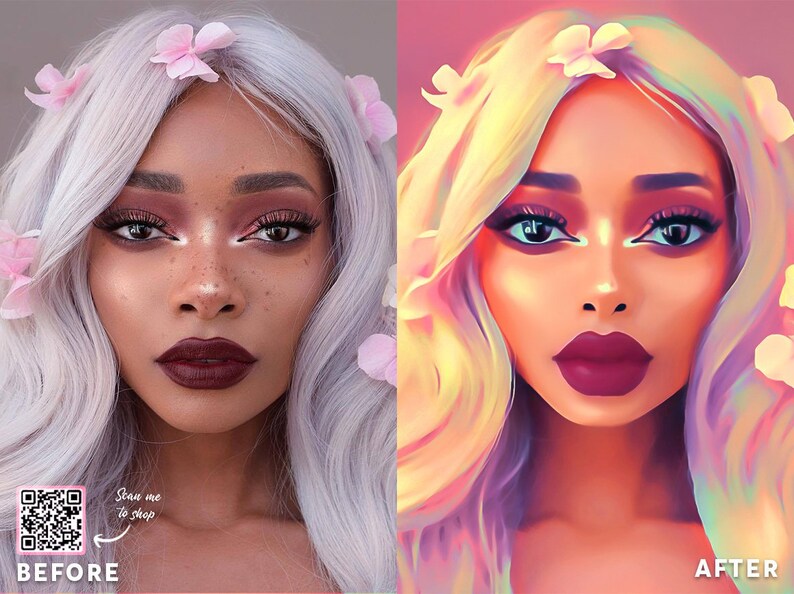 Op de afbeelding: Voor- en na-beeld van een persoon met lichtpaars haar met roze bloemen in haar haar. De persoon heeft een donkere huid en draagt make-up. De voor-afbeelding is een foto en de na-afbeelding is een digitale illustratie.