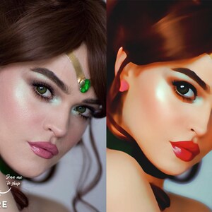 Op de afbeelding: Voor- en na-beeld van een vrouwengezicht met make-up. De voor-afbeelding toont de vrouw met natuurlijke make-up en een groene edelsteen op haar voorhoofd. De na-afbeelding toont de vrouw met meer dramatische make-up en een rode lip. De tekst "Scan me to shop" is zichtbaar in de voor-afbeelding.