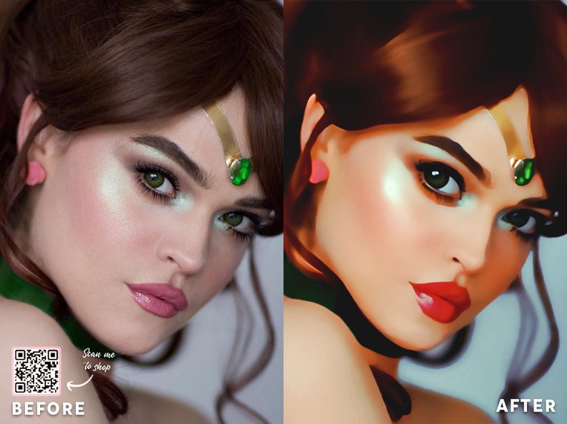 Op de afbeelding: Voor- en na-beeld van een vrouwengezicht met make-up. De voor-afbeelding toont de vrouw met natuurlijke make-up en een groene edelsteen op haar voorhoofd. De na-afbeelding toont de vrouw met meer dramatische make-up en een rode lip. De tekst "Scan me to shop" is zichtbaar in de voor-afbeelding.