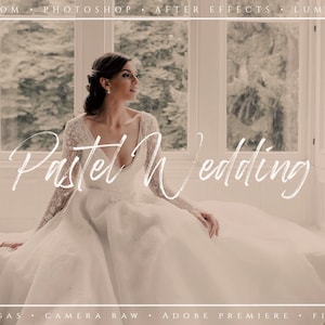 May include: A bride in a white wedding dress sits in a window with a soft, pastel background. The text "Pastel Wedding" is written in white cursive script.