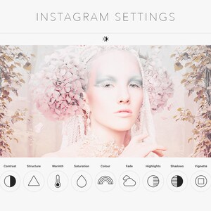 May include: Instagram settings screen with a photo of a woman with a floral crown and a soft, dreamy background. The screen shows a row of icons for adjusting brightness, contrast, structure, warmth, saturation, color, fade, highlights, shadows, vignette, tilt shift, and sharpen.