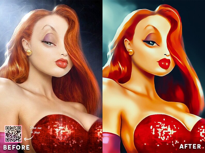 Op de afbeelding: Een digitale illustratie van een vrouw met rood haar en een rode paillettenjurk. De tekst "Show me to shop" staat op de jurk. De afbeelding is in twee delen gesplitst, "VOOR" en "NA", die de afbeelding voor en na digitale bewerking laten zien.