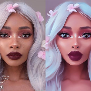 Op de afbeelding: Een voor- en na-afbeelding die een vrouw met wit haar en roze bloemen in haar haar laat zien. De afbeelding links toont de vrouw met natuurlijke make-up en de afbeelding rechts toont de vrouw met meer dramatische make-up en een cartoonachtige stijl. De tekst "Scan me to shop" staat op de linker afbeelding.