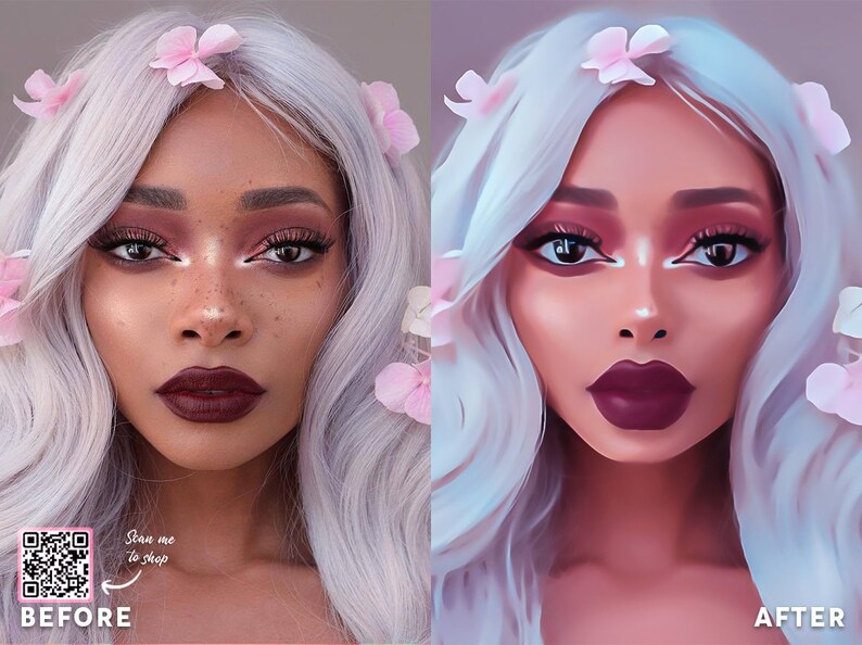 Op de afbeelding: Een voor- en na-afbeelding die een vrouw met wit haar en roze bloemen in haar haar laat zien. De afbeelding links toont de vrouw met natuurlijke make-up en de afbeelding rechts toont de vrouw met meer dramatische make-up en een cartoonachtige stijl. De tekst "Scan me to shop" staat op de linker afbeelding.