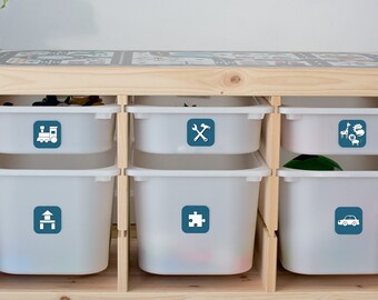 Blue toy organisation label decals for IKEA TROFAST boxes (furniture or box not included)