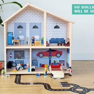 Car repair shop wallpaper decal for IKEA FLISAT dollhouse (dollhouse not included)