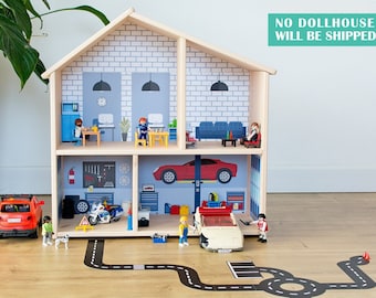 Car repair shop wallpaper decal for IKEA FLISAT dollhouse (dollhouse not included)