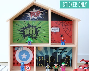 Superhero themed wallpaper sticker for IKEA Flisat dollhouse (no dollhouse will be shipped)