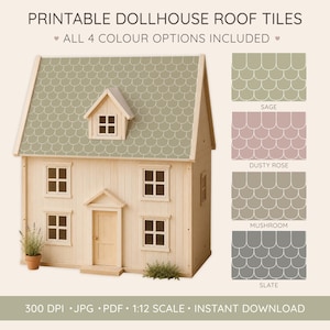 May include: Printable dollhouse roof tiles in 1:12 scale, featuring a scalloped pattern. Includes four colour options: sage, dusty rose, mushroom, and slate. The digital file is provided in 300 DPI, JPG, and PDF formats for instant download.