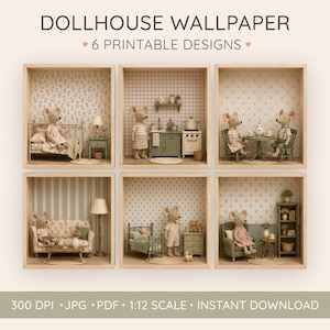 Puede incluir: Una colección digital de papel tapiz para casa de muñecas con 6 diseños imprimibles. La imagen muestra seis viñetas de habitaciones cuadradas con figuras de ratones, muebles y revestimientos de pared. Texto DOLLHOUSE WALLPAPER 6 PRINTABLE DESIGNS.