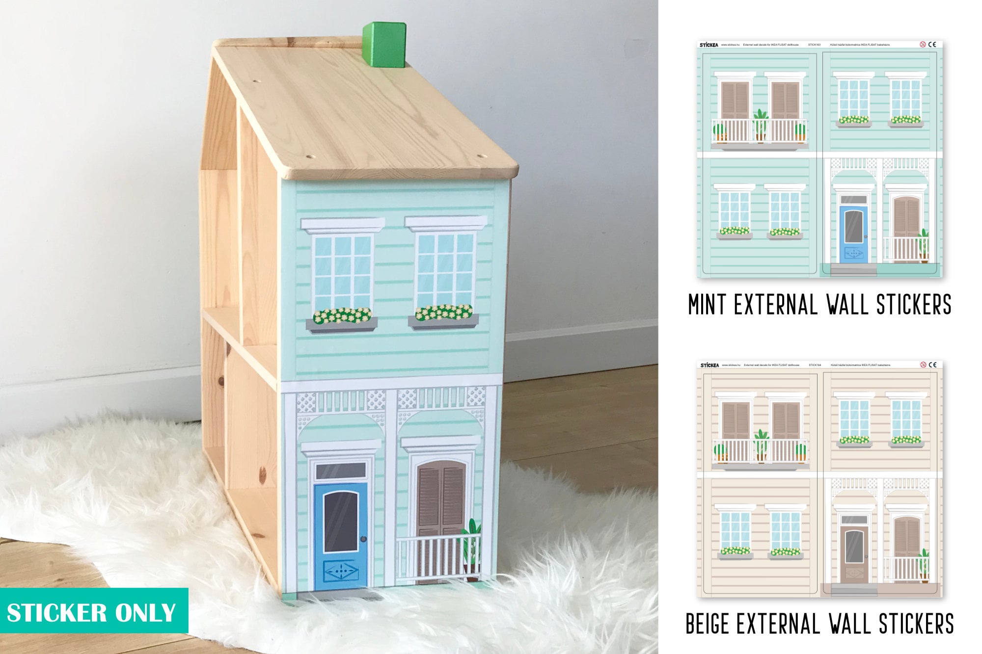External wall decal for IKEA Flisat dollhouse, beige, mint (dollhouse not included)