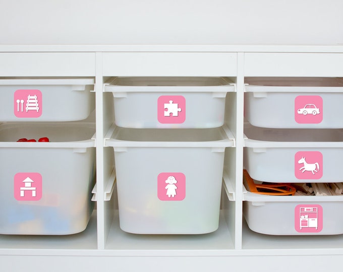 Toy organisation label decal for IKEA TROFAST, pink (furniture, box not included)