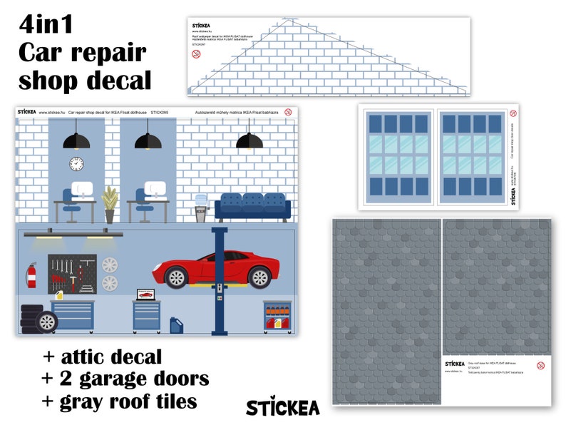 Autowerkstatt Tapeten Aufkleber für IKEA FLISAT Puppenhaus Puppenhaus nicht enthalten 4in1