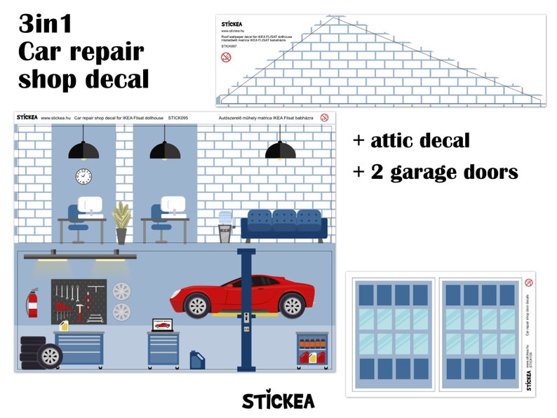 Autowerkstatt Tapeten Aufkleber für IKEA FLISAT Puppenhaus Puppenhaus nicht enthalten 3in1