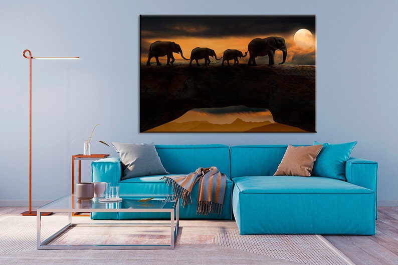 Elephants on Canvas Elephants Canvas Wall Art Elephants Print Canvas Nature Print Night Landscape Art Elephants Poster Art Animal Canvas Art