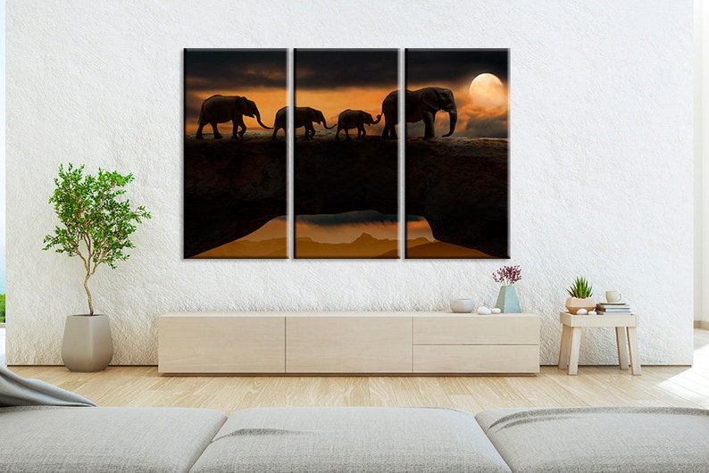 Elephants on Canvas Elephants Canvas Wall Art Elephants Print Canvas Nature Print Night Landscape Art Elephants Poster Art Animal Canvas Art
