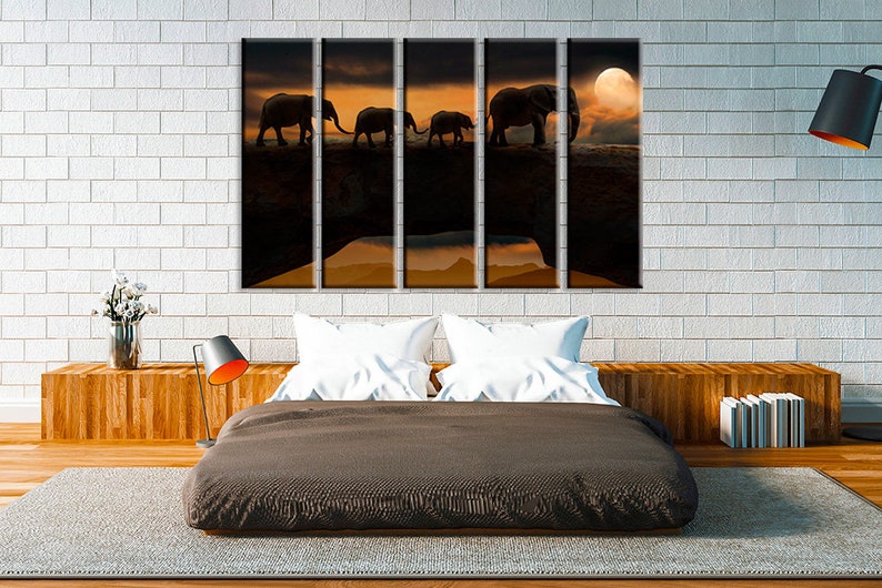 Elephants on Canvas Elephants Canvas Wall Art Elephants Print Canvas Nature Print Night Landscape Art Elephants Poster Art Animal Canvas Art