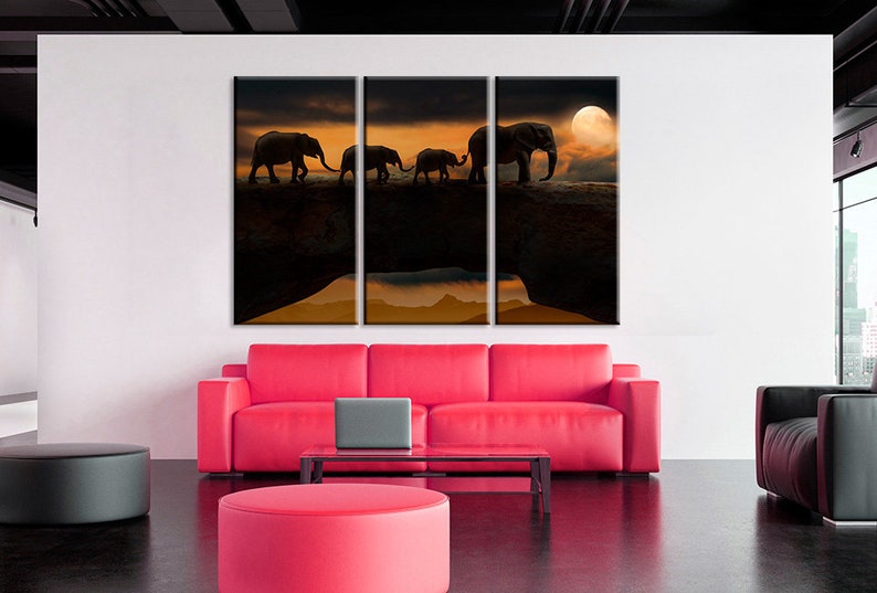 Elephants on Canvas Elephants Canvas Wall Art Elephants Print Canvas Nature Print Night Landscape Art Elephants Poster Art Animal Canvas Art