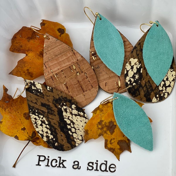 Reversible Cork/ Snakeskin Teardrop Earrings / Nickel Free / 5 Ways to Wear / Great Deal!