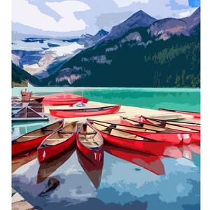 May include: A scenic view of Lake Louise in the Canadian Rockies with a row of red canoes on the water. The mountains in the background are covered in trees and snow.