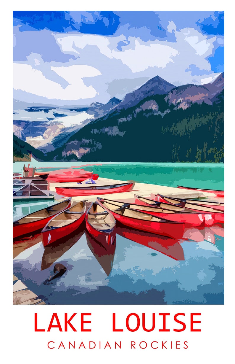 May include: A scenic view of Lake Louise in the Canadian Rockies with a row of red canoes on the water. The mountains in the background are covered in trees and snow.
