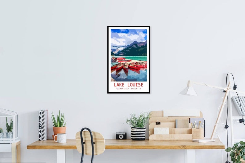 May include: A vintage travel poster featuring a scenic view of Lake Louise in Banff National Park, Canada. The poster depicts a turquoise lake surrounded by mountains, with red canoes docked at the shore. The text "LAKE LOUISE" and "Canadian Rockies" is printed in white on a red background.