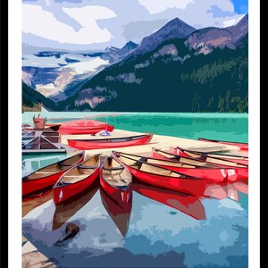 May include: A scenic view of Lake Louise in the Canadian Rockies with red canoes lined up on the shore. The water is a vibrant turquoise blue and the mountains in the background are covered in snow.