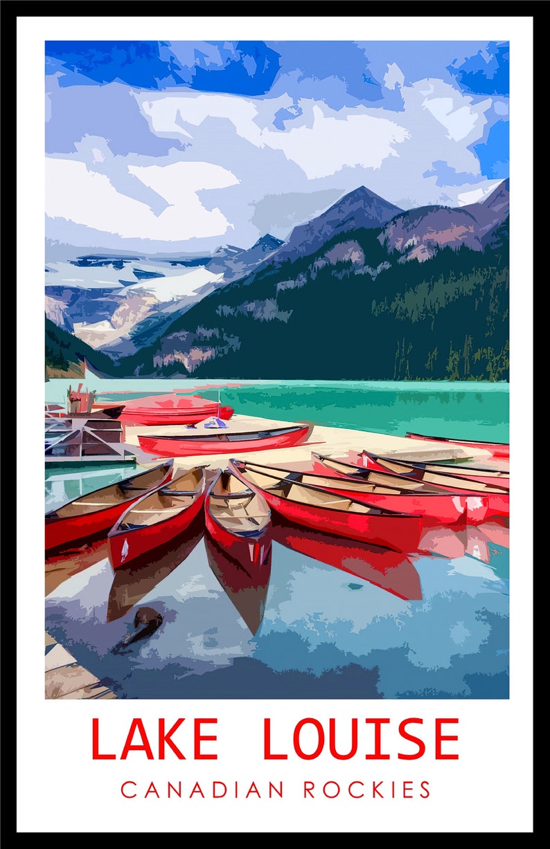 May include: A scenic view of Lake Louise in the Canadian Rockies with red canoes lined up on the shore. The water is a vibrant turquoise blue and the mountains in the background are covered in snow.