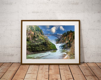 Letchworth State Park Waterfall Photo, Autumn Foliage, Train Bridge (Digital Download)