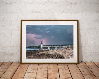 Maine Lighthouse Photo Print, Lightning Over Marshall Point (Digital Download)