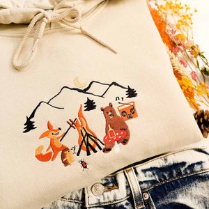 Forest Party Embroidered Sweatshirt | Goblincore Mushroom &Fox Crewneck|Whimsical Woodland Animal Campfire Hoodie|Cottagecore Aesthetic Gift