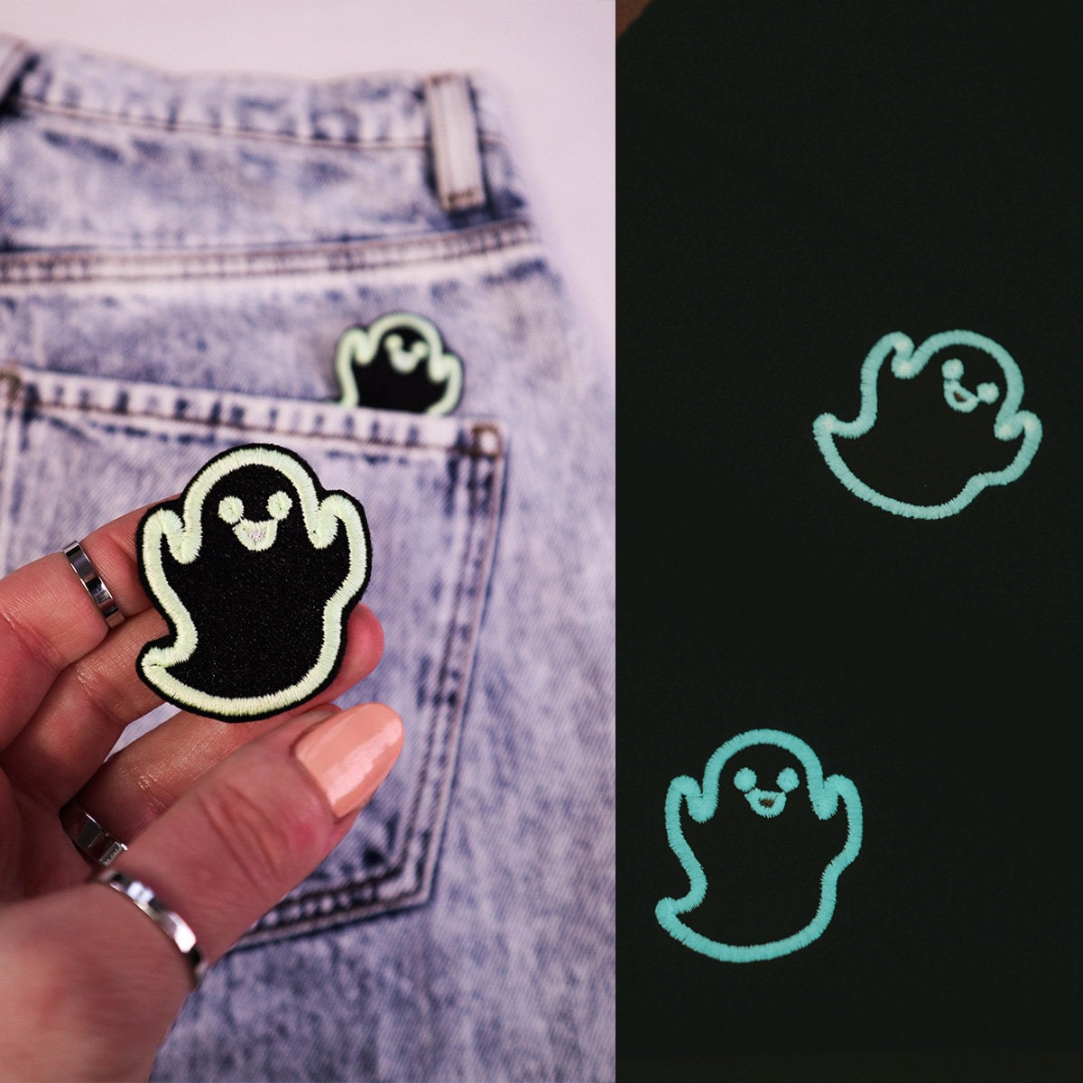 Glow In Dark Happy Ghost Patch Embroidered Applique Iron On Sew On Emblem