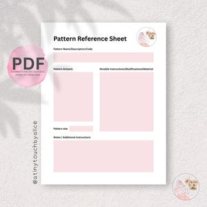 Könnte beinhalten: Ein weißes Pattern Reference Sheet mit rosa Abschnitten für Mustername, Artwork und Anweisungen. Ein rosa PDF-Grafik zeigt die Größen in Zoll an. Das Blatt enthält den Text "@atinytouchbyalice".