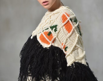 Tangerine sweater with black fringes (Made to order)